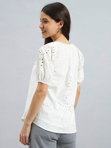 White Cotton Poplin Top with Tie-Up Neck and Cutwork Details