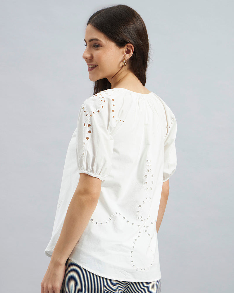 White Cotton Poplin Top with Tie-Up Neck and Cutwork Details