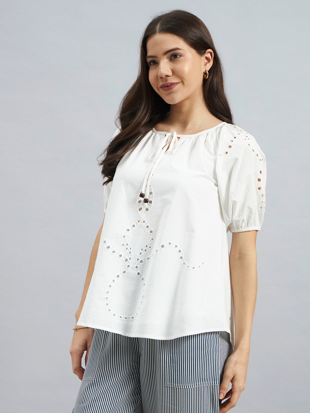White Cotton Poplin Top with Tie-Up Neck and Cutwork Details