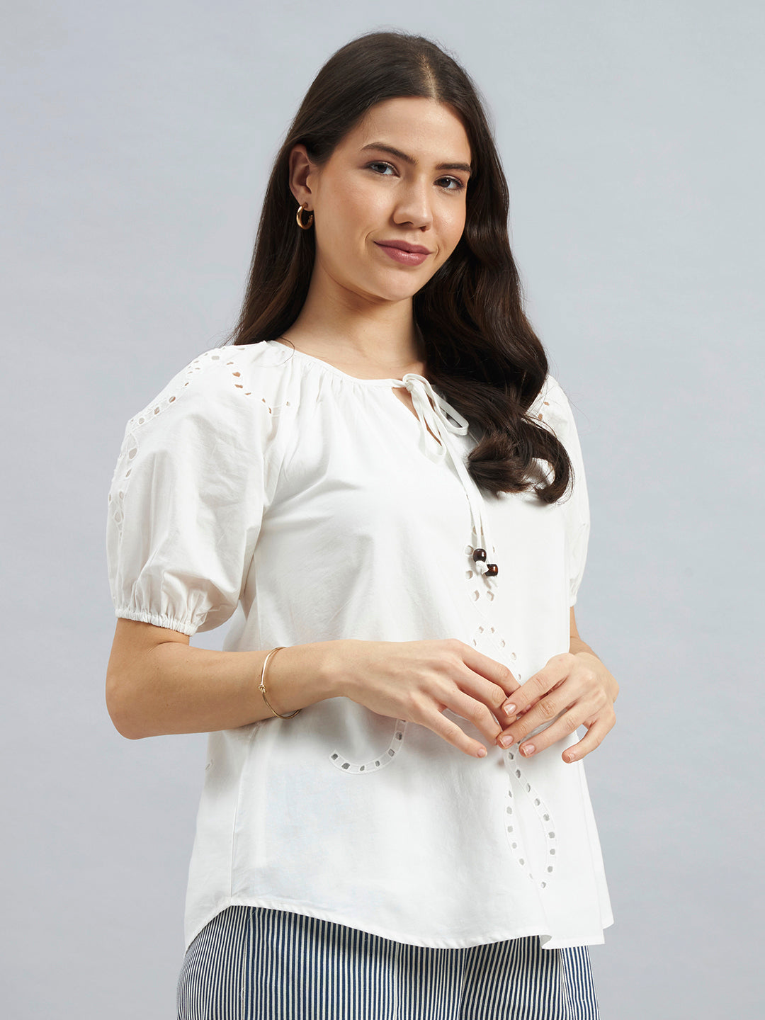 White Cotton Poplin Top with Tie-Up Neck and Cutwork Details