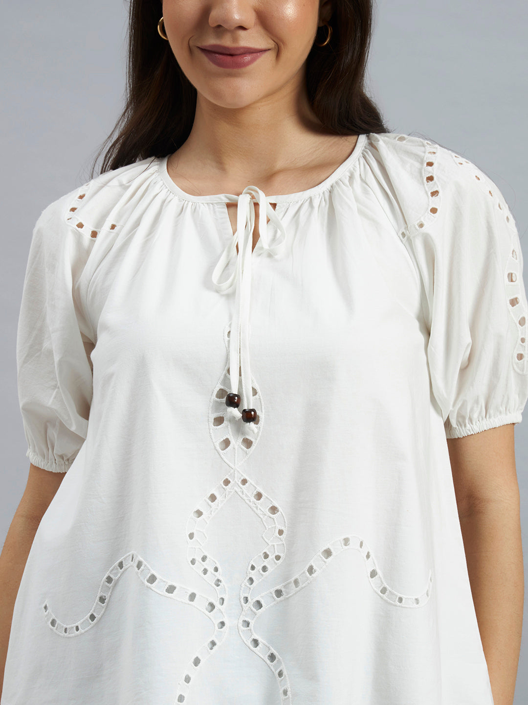 White Cotton Poplin Top with Tie-Up Neck and Cutwork Details