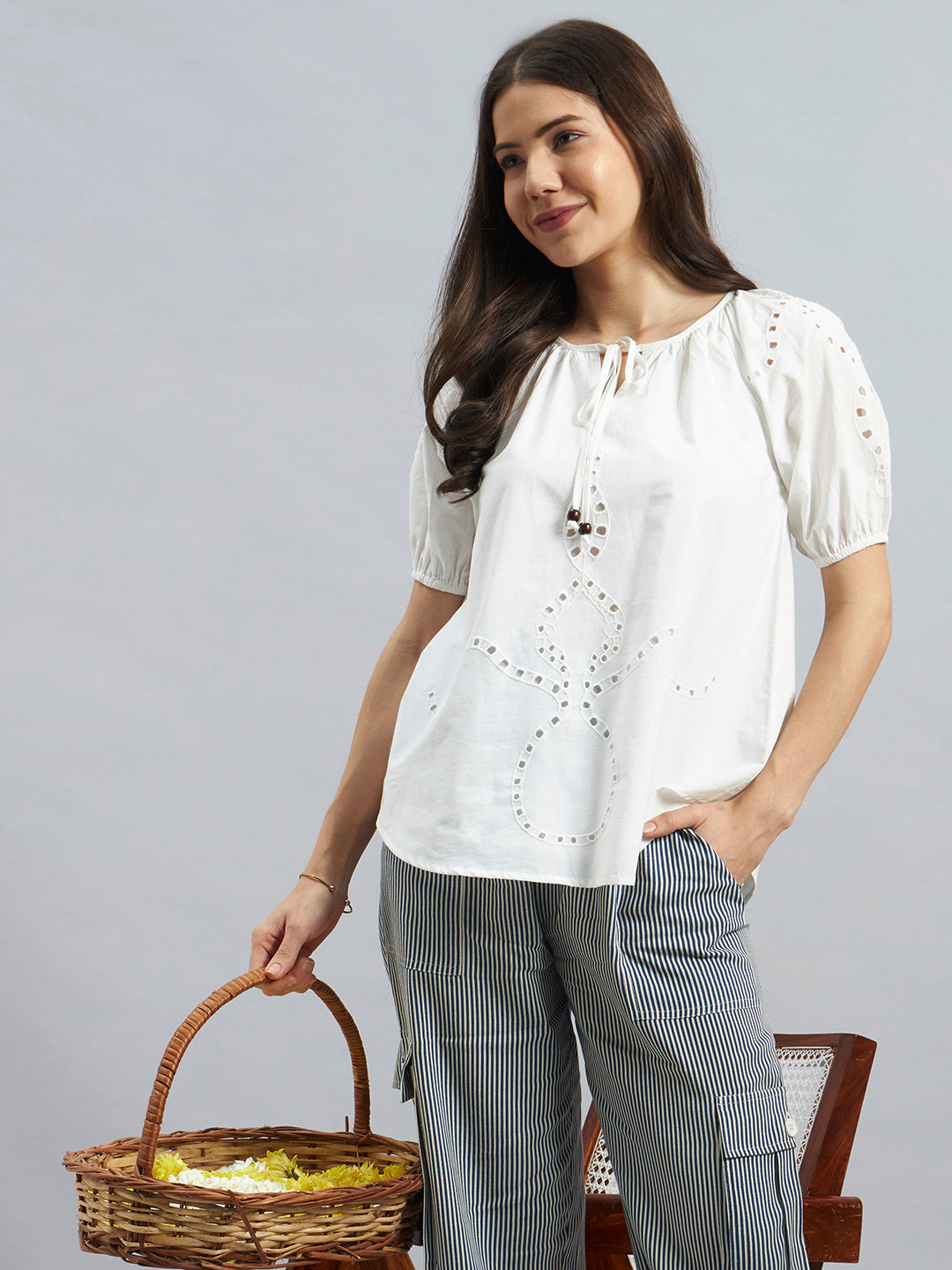 White Cotton Poplin Top with Tie-Up Neck and Cutwork Details