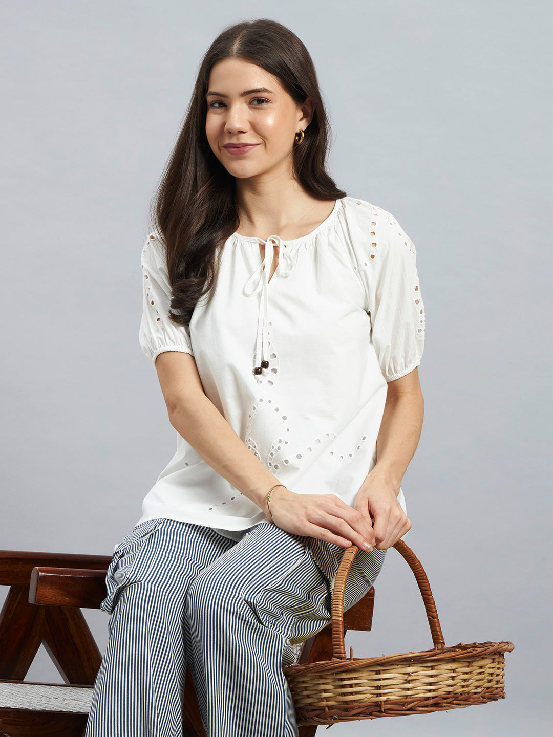 White Cotton Poplin Top with Tie-Up Neck and Cutwork Details