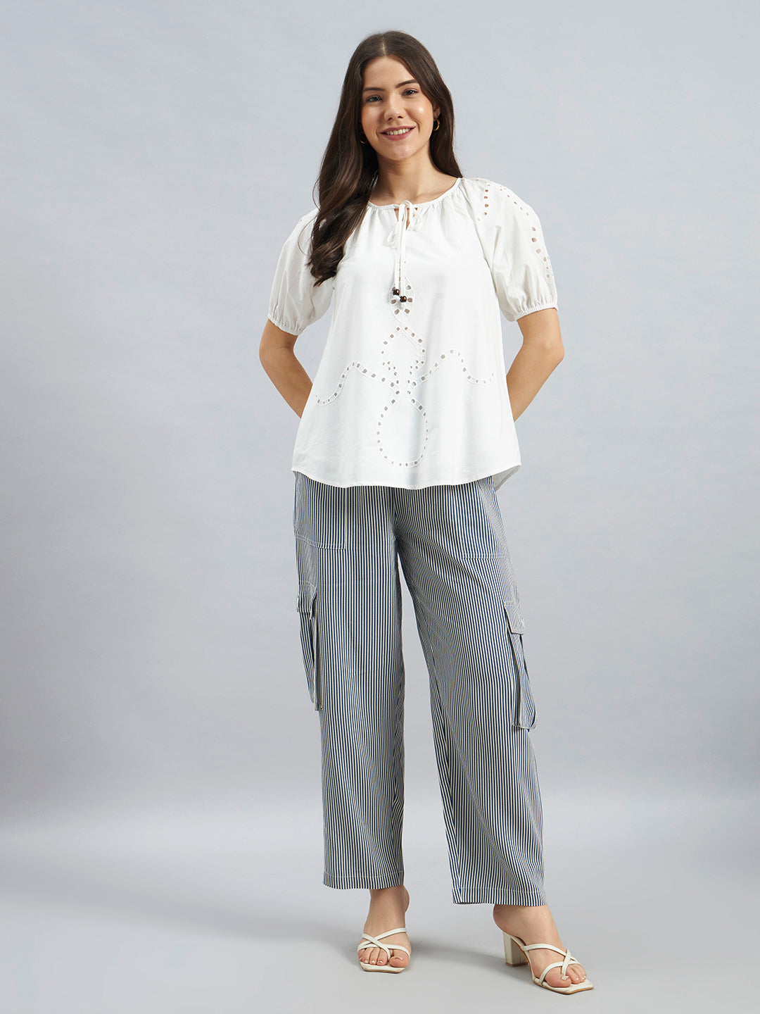 White Cotton Poplin Top with Tie-Up Neck and Cutwork Details