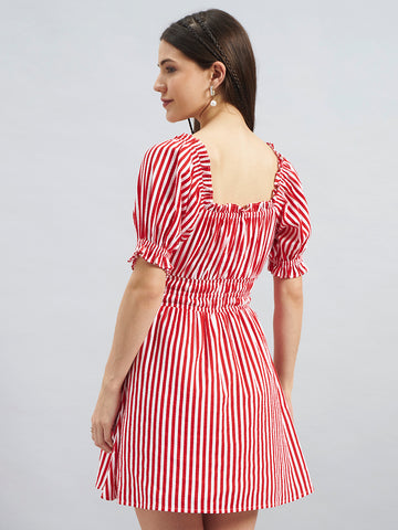 Women Red & White Striped Seersucker Cotton Fit & Flare Dress