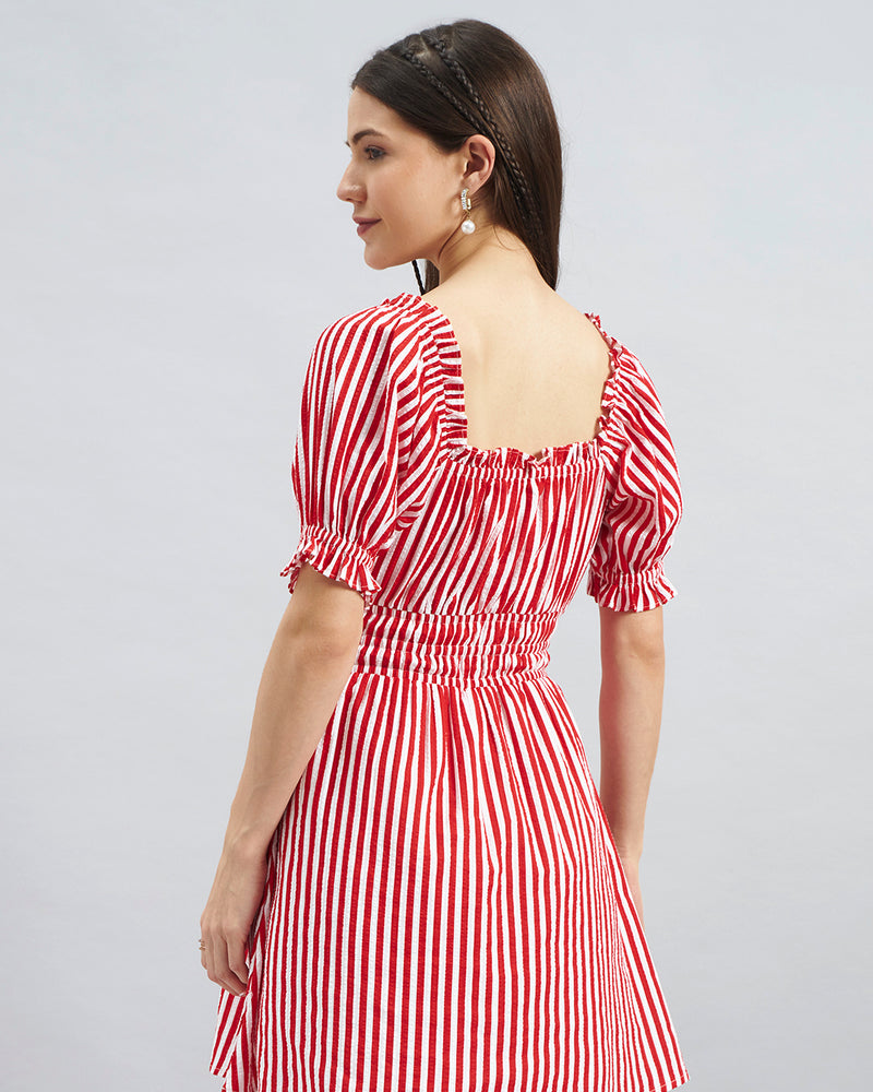 Women Red & White Striped Seersucker Cotton Fit & Flare Dress