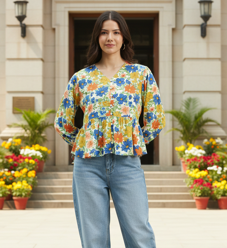 Floral Printed Rayon Peplum Top