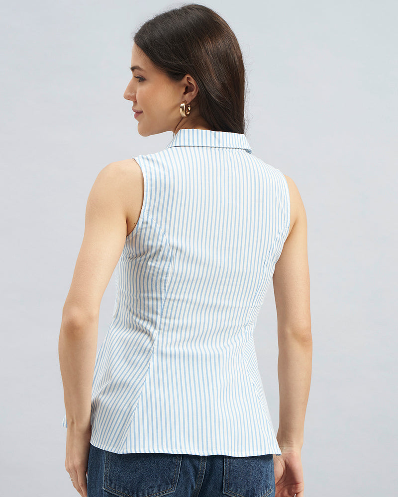 Blue Striped Sleeveless Cotton Shirt with Flared Hem