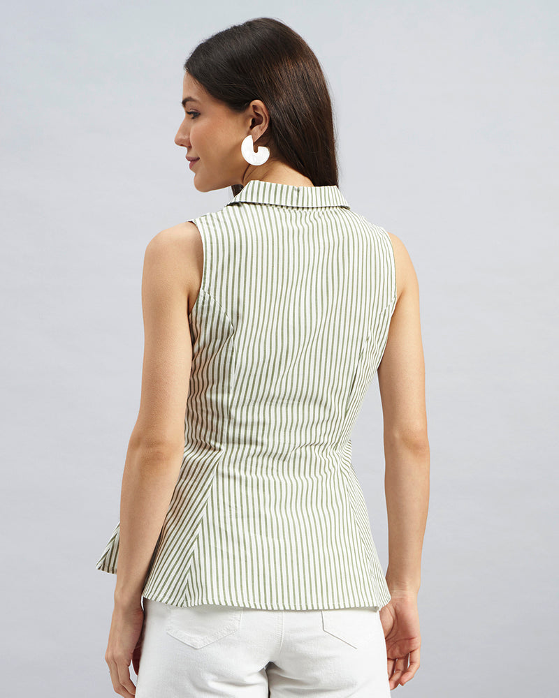 Green Striped Sleeveless Cotton Shirt with Flared Hem