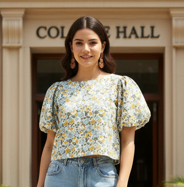 Floral Print Corduroy Top With Puff Sleeves