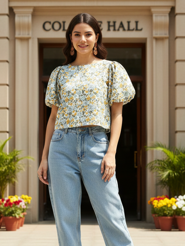 Floral Print Corduroy Top With Puff Sleeves