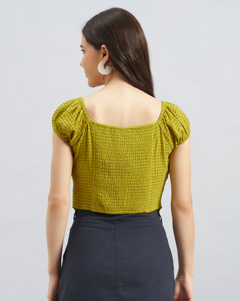 Olive Green Smocked Square-Neck Top in Poly Crepe