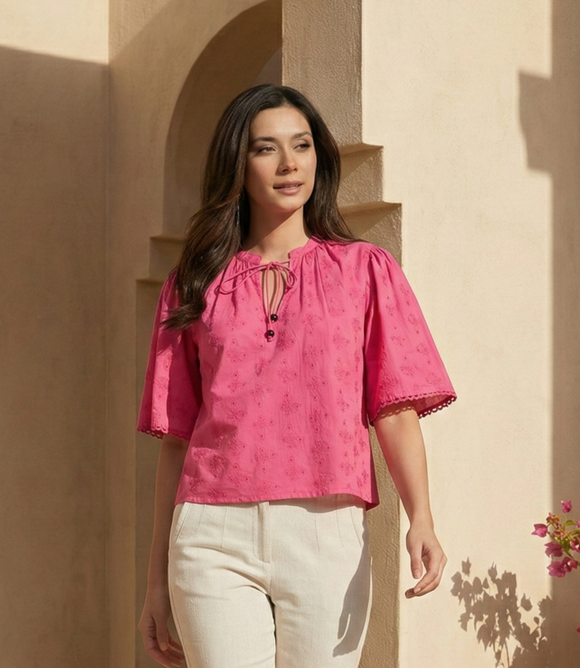Pink Schiffly Top With Flared Sleeves In Cotton