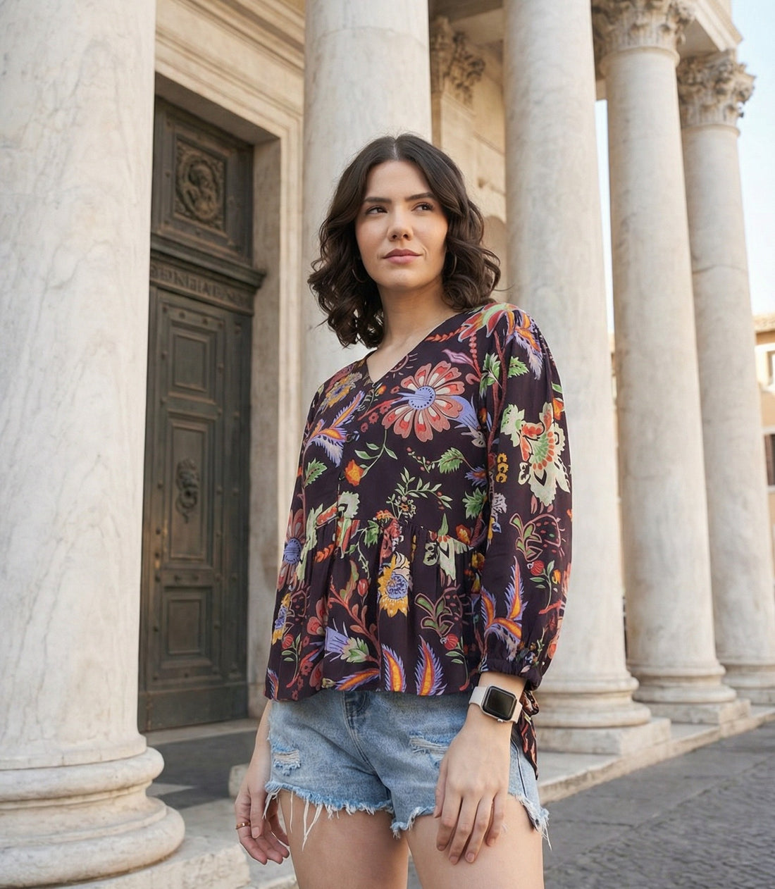 Floral Print Rayon Crepe Peplum Top