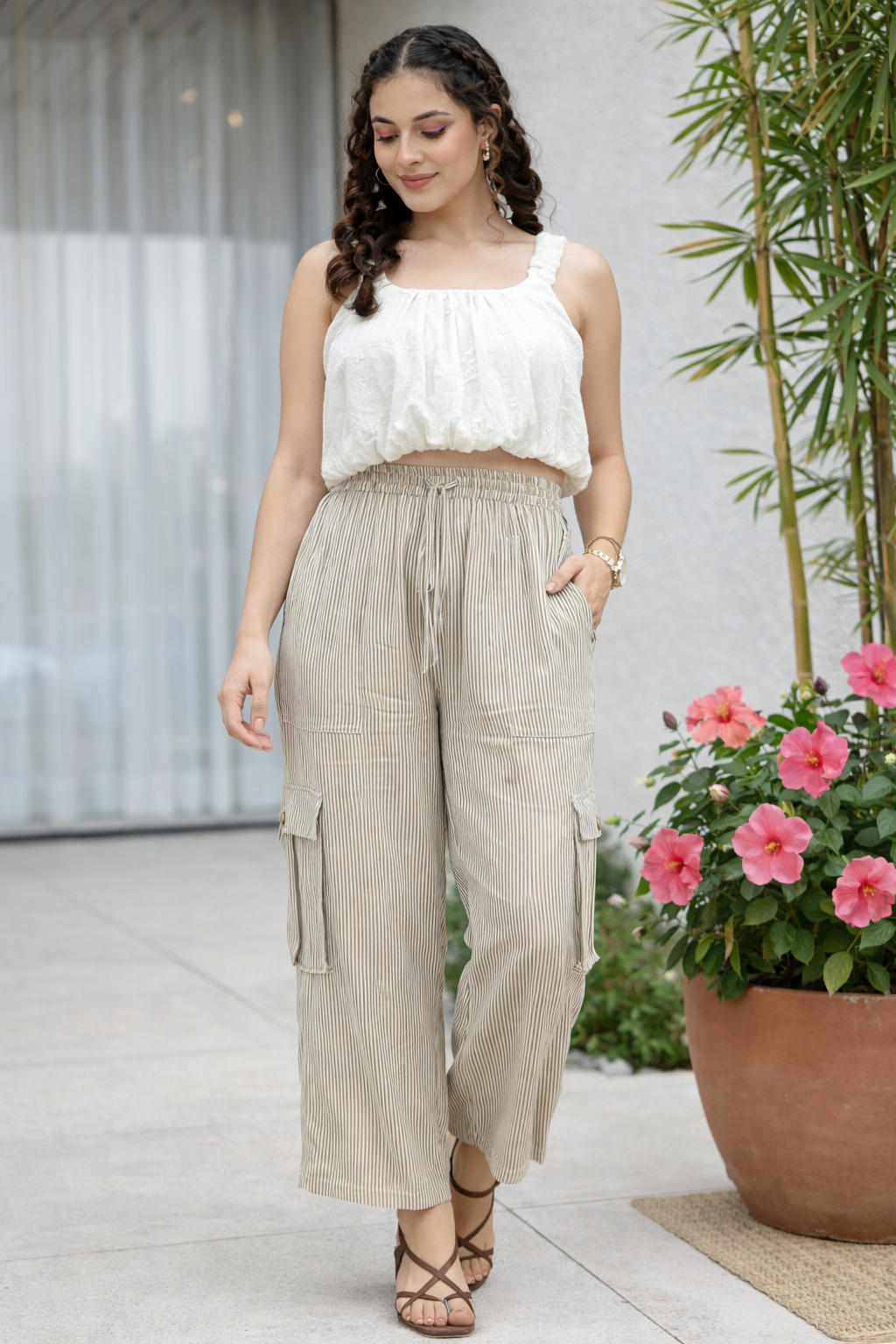 Beige White Pinstripe Viscose Flex Cargo Pants