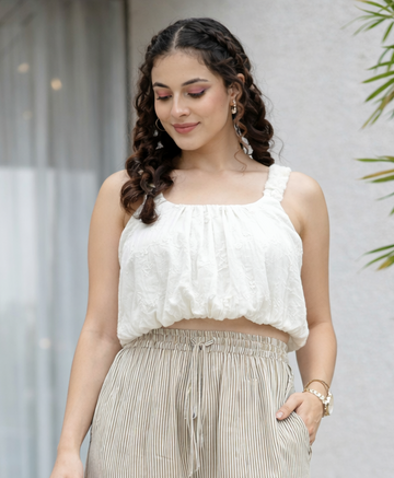 White Embroidered Cotton Sleeveless Top