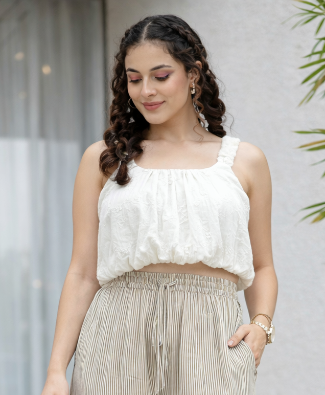 White Embroidered Cotton Sleeveless Top