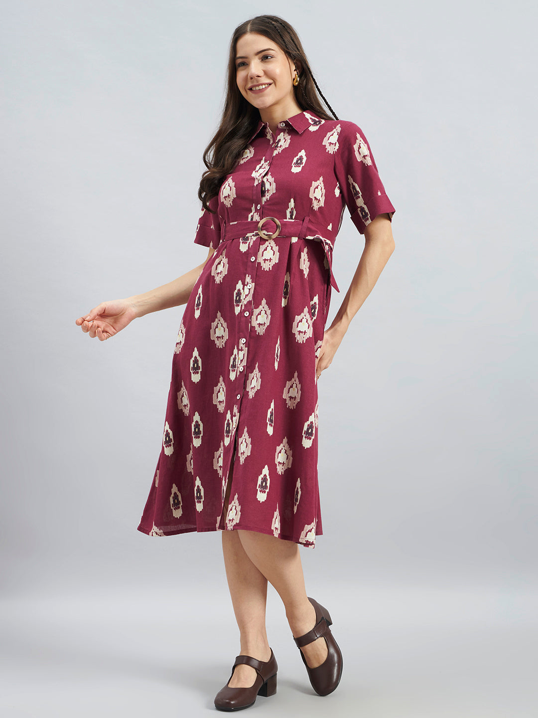Wine Ikkat Printed Cotton Flax Dress With Belt – Midi Dress