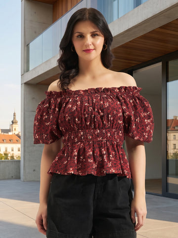 Women Maroon Printed Off-Shoulder Smocked Peplum Top