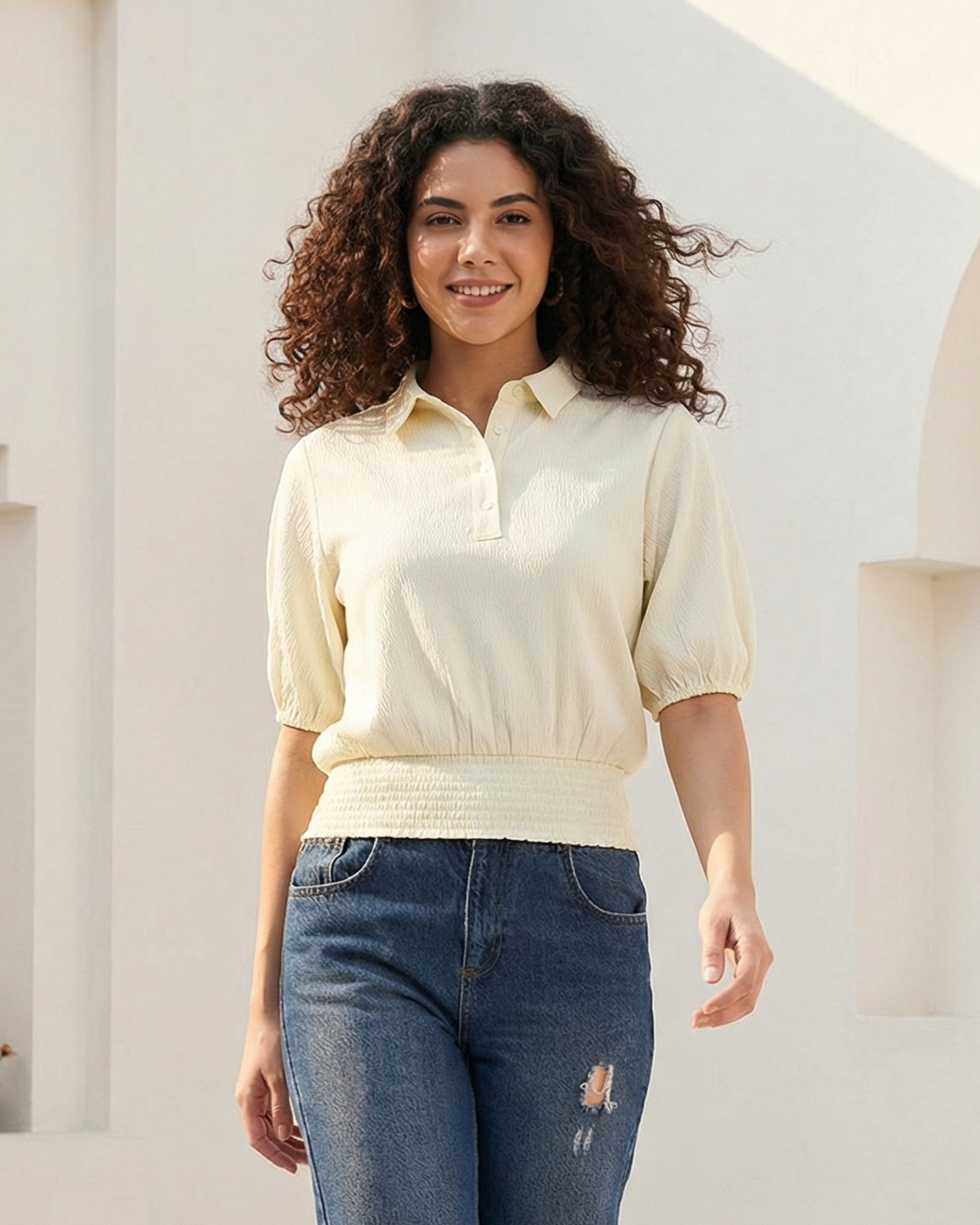 Ivory Women’s Poly Lycra Smocked Waist Puff Sleeve Top
