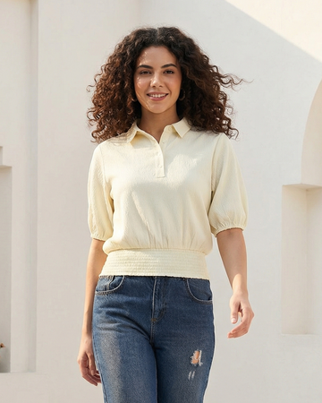 Ivory Women’s Poly Lycra Smocked Waist Puff Sleeve Top