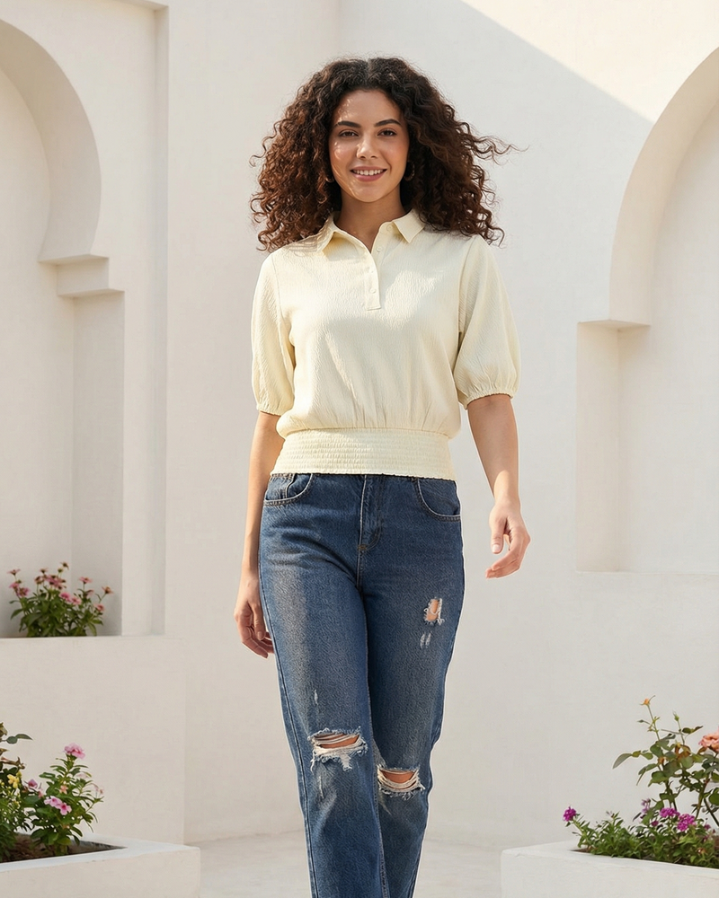 Ivory Women’s Poly Lycra Smocked Waist Puff Sleeve Top