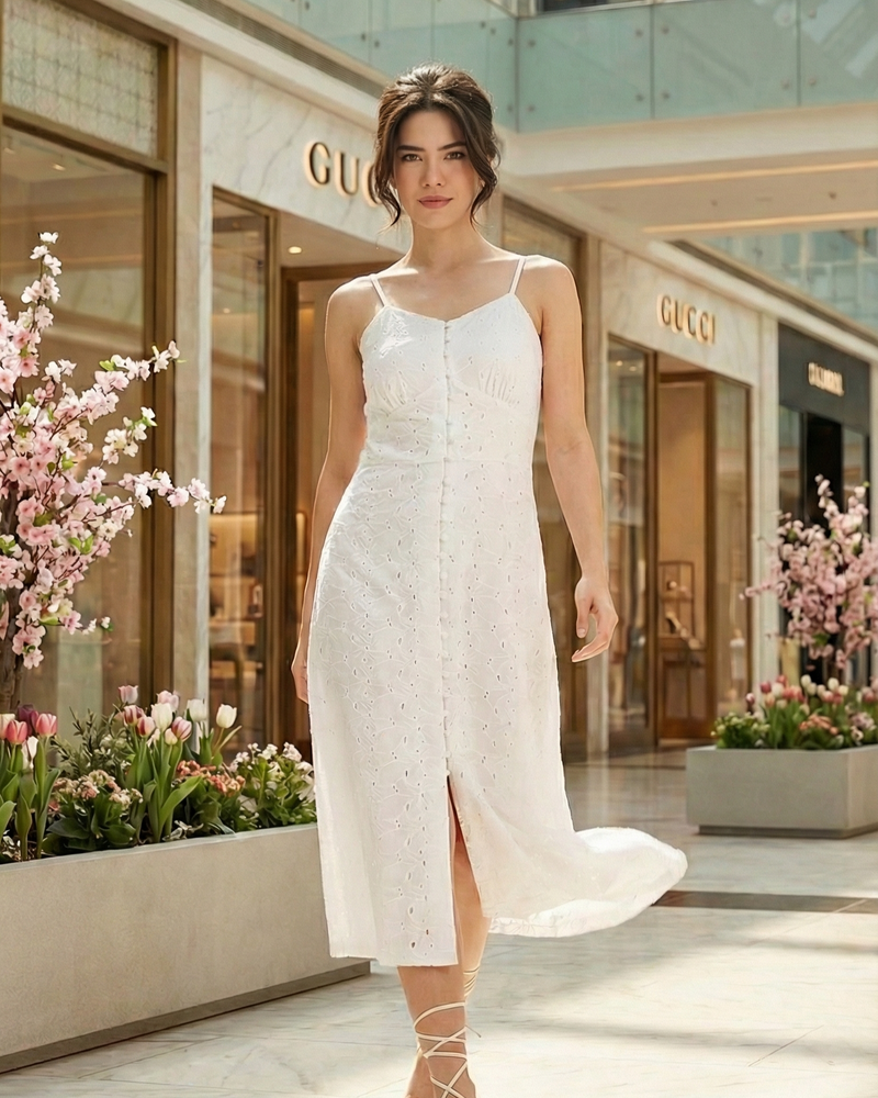 White Schiffli Embroidered Cotton Strappy Midi Dress