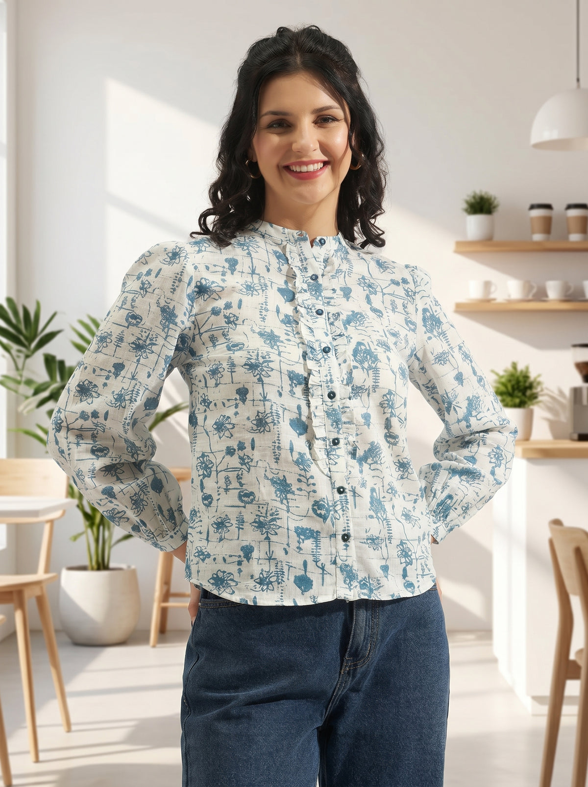 Women White & Blue Floral Printed Mandarin Collar Shirt Top