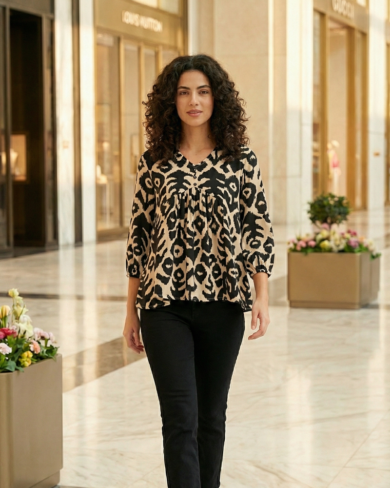 Women Beige & Black Animal Print V-Neck Top
