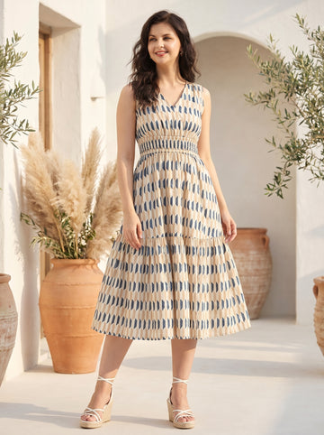 Women Beige & Blue Printed Fit and Flare Midi Dress