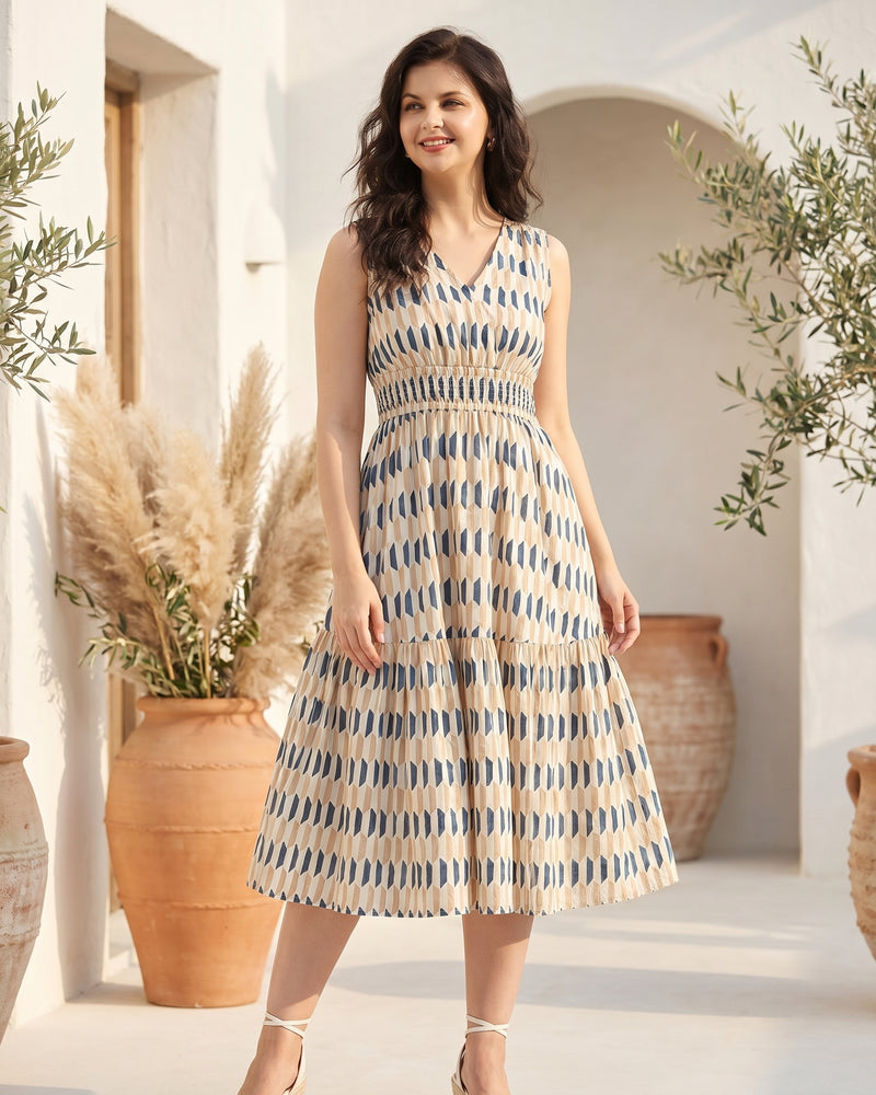 Women Beige & Blue Printed Fit and Flare Midi Dress