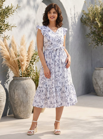 Women White & Black Floral Printed Fit and Flare Midi Dress