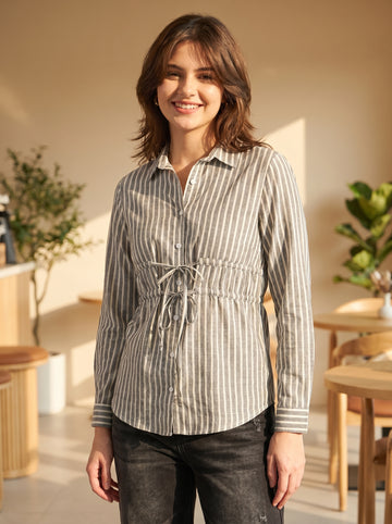 Women Grey & White Striped Tie-Up Shirt Top with Long Sleeves