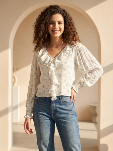 Women Off-White Floral Printed Ruffle Top with V-Neck