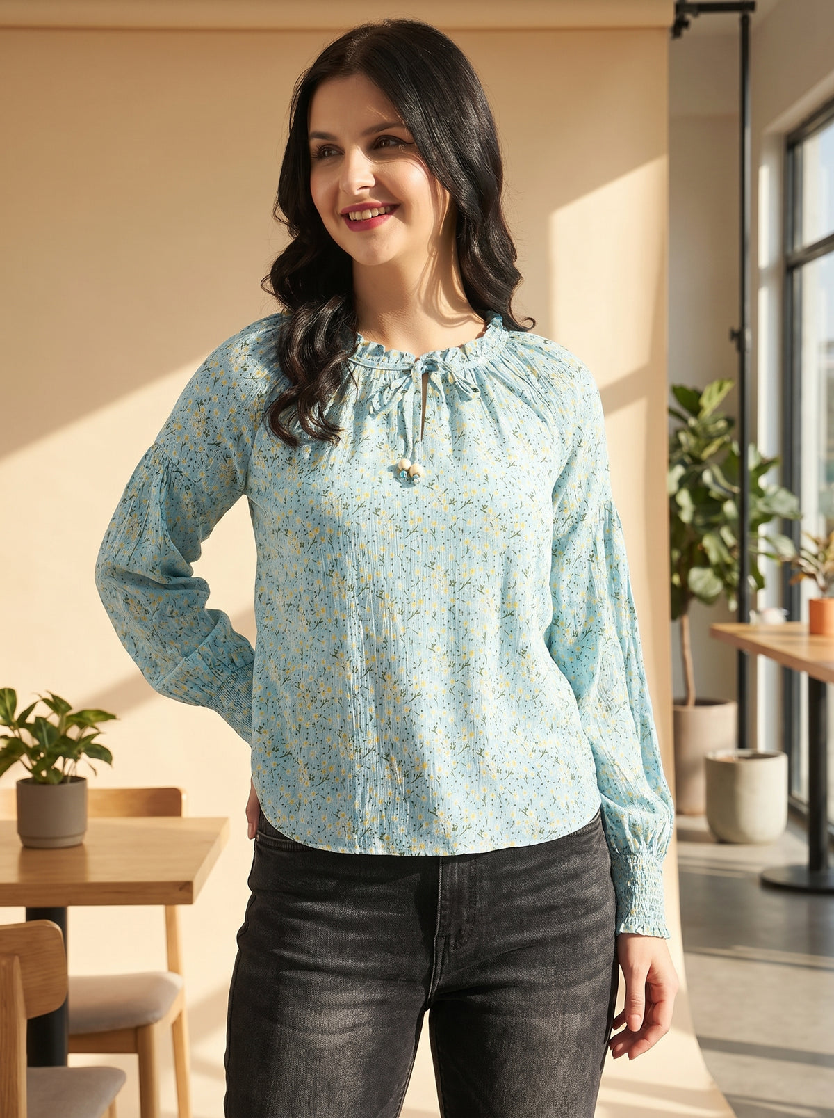 Women Sky Blue Floral Printed Smocked Top