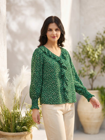 Women Green Rayon Printed Ruffle Detail Top with Full Sleeves