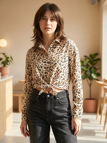 Women Beige Animal Print Tie-Up Shirt Top