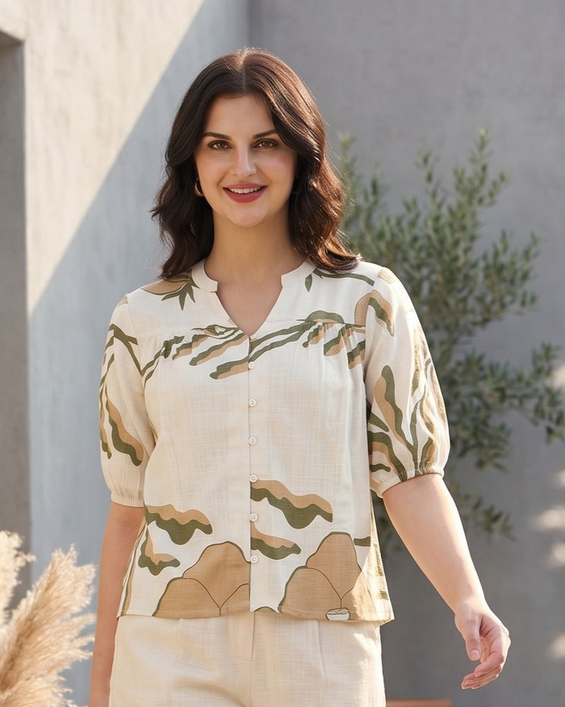 Women Beige Abstract Printed Puff Sleeve Top