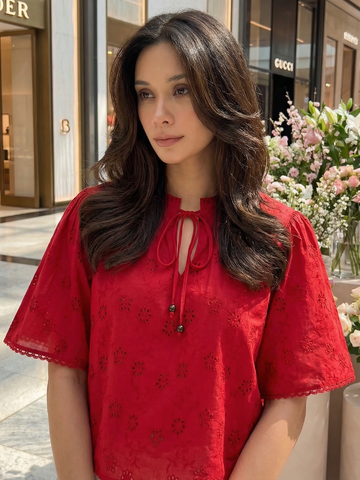 Red Cambric Schiffli Top With Tie-Up Neck