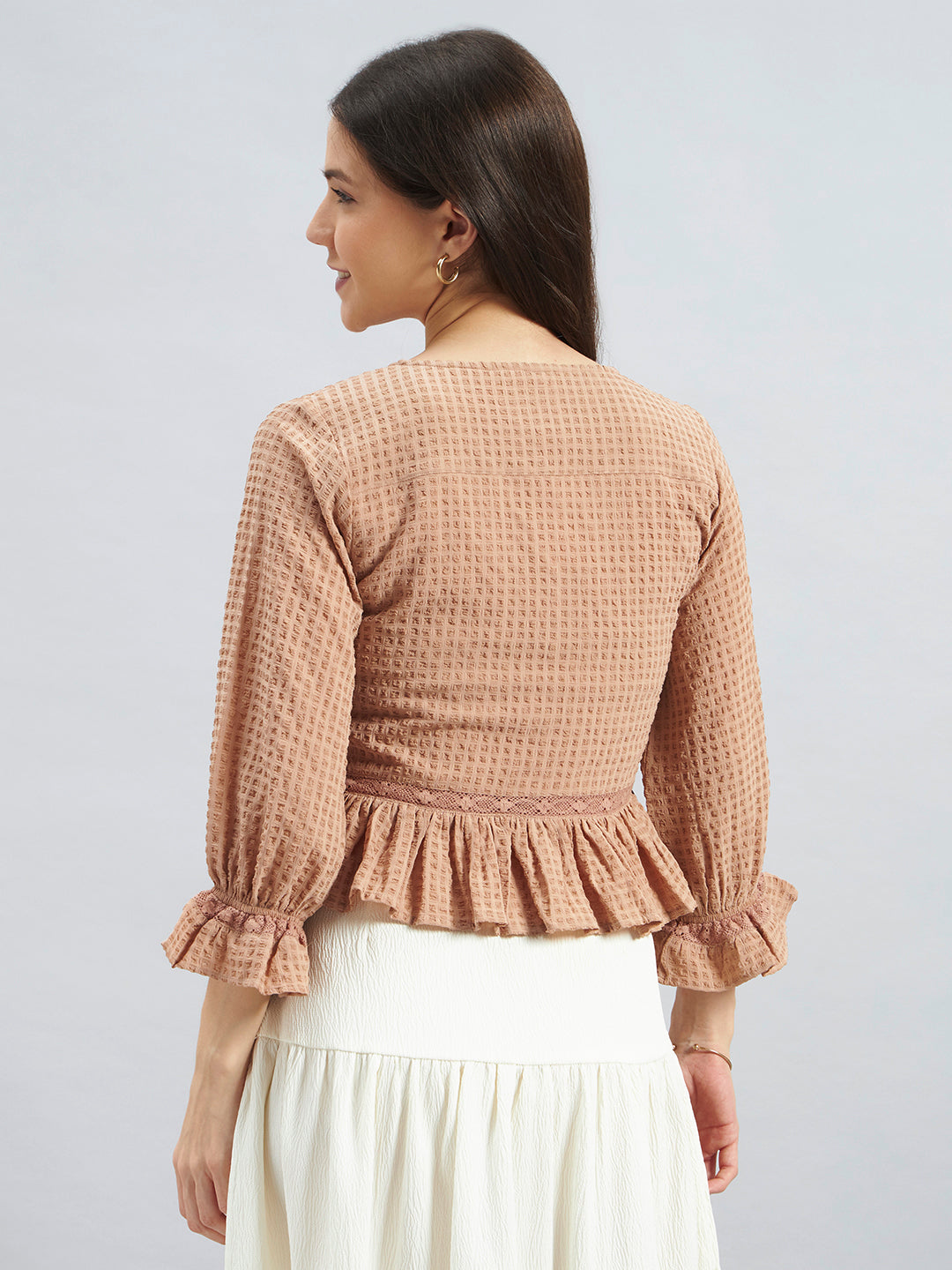 Beige Textured Poly Crepe Peplum Top