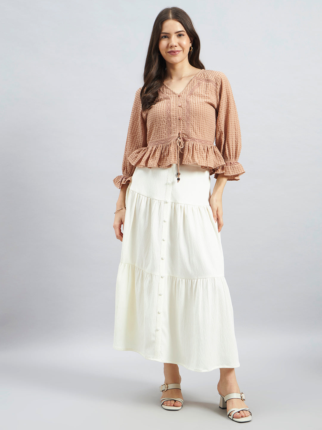 Beige Textured Poly Crepe Peplum Top