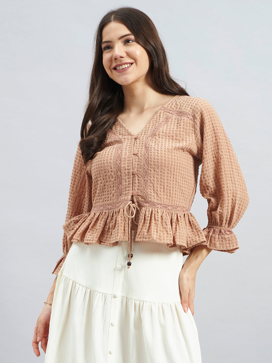 Beige Textured Poly Crepe Peplum Top