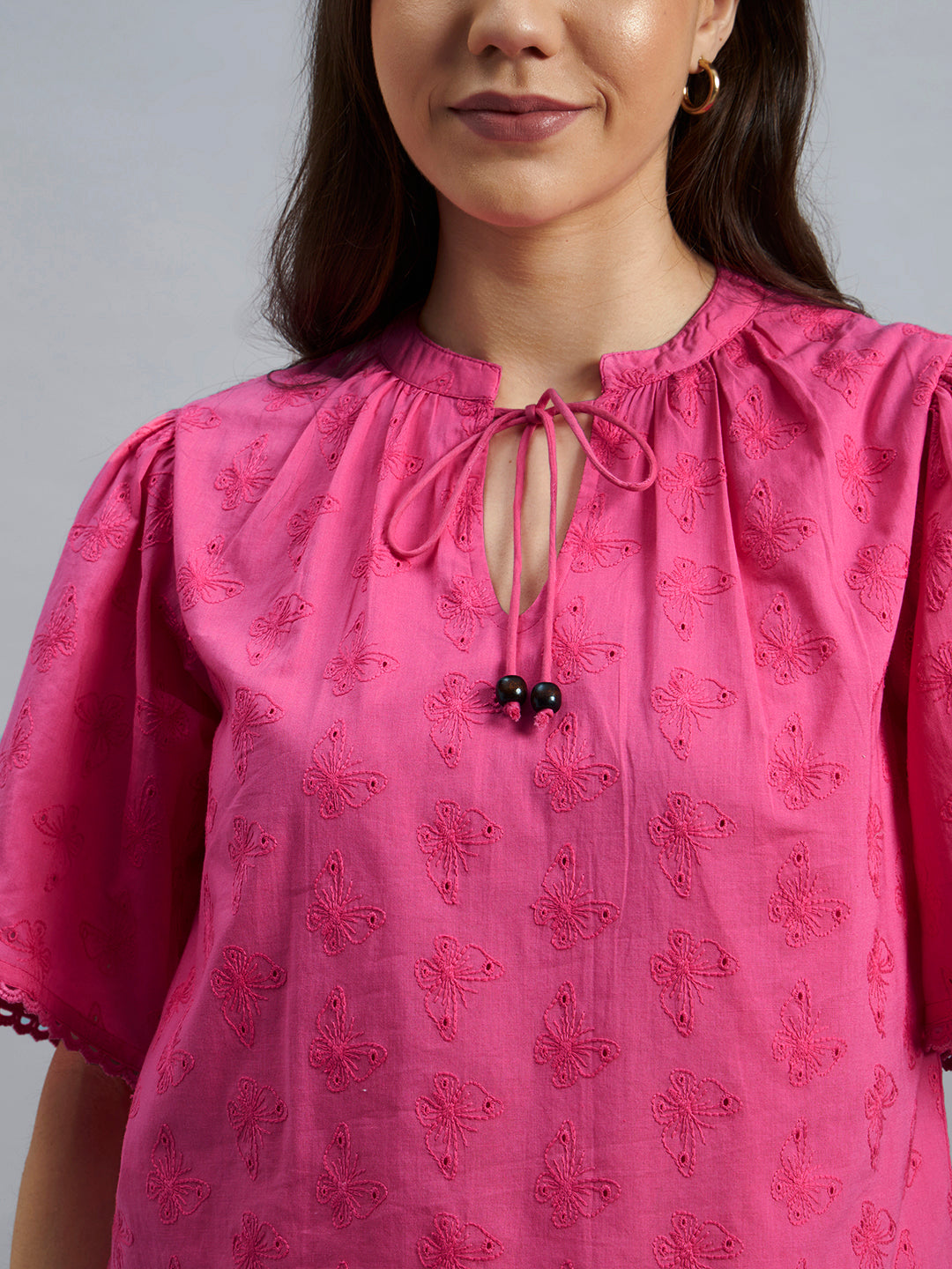 Pink Schiffly Top With Flared Sleeves In Cotton