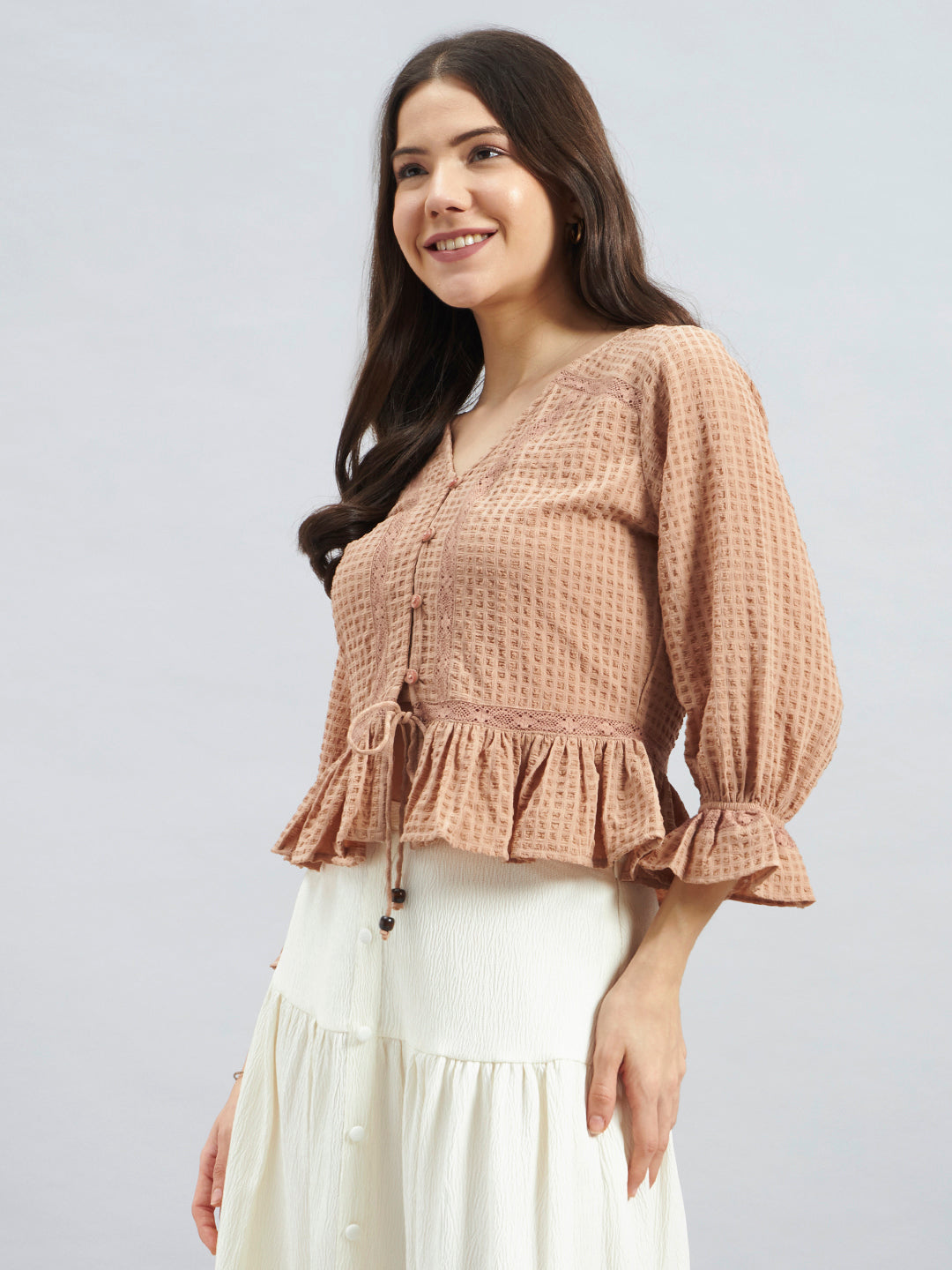 Beige Textured Poly Crepe Peplum Top