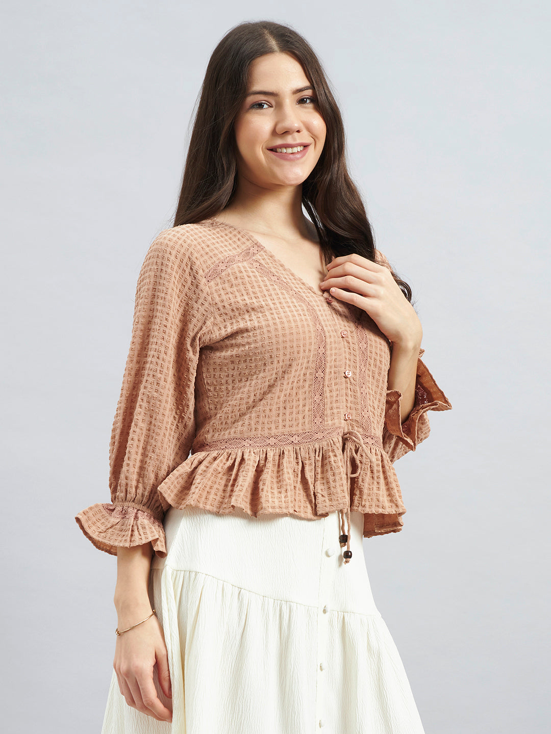 Beige Textured Poly Crepe Peplum Top