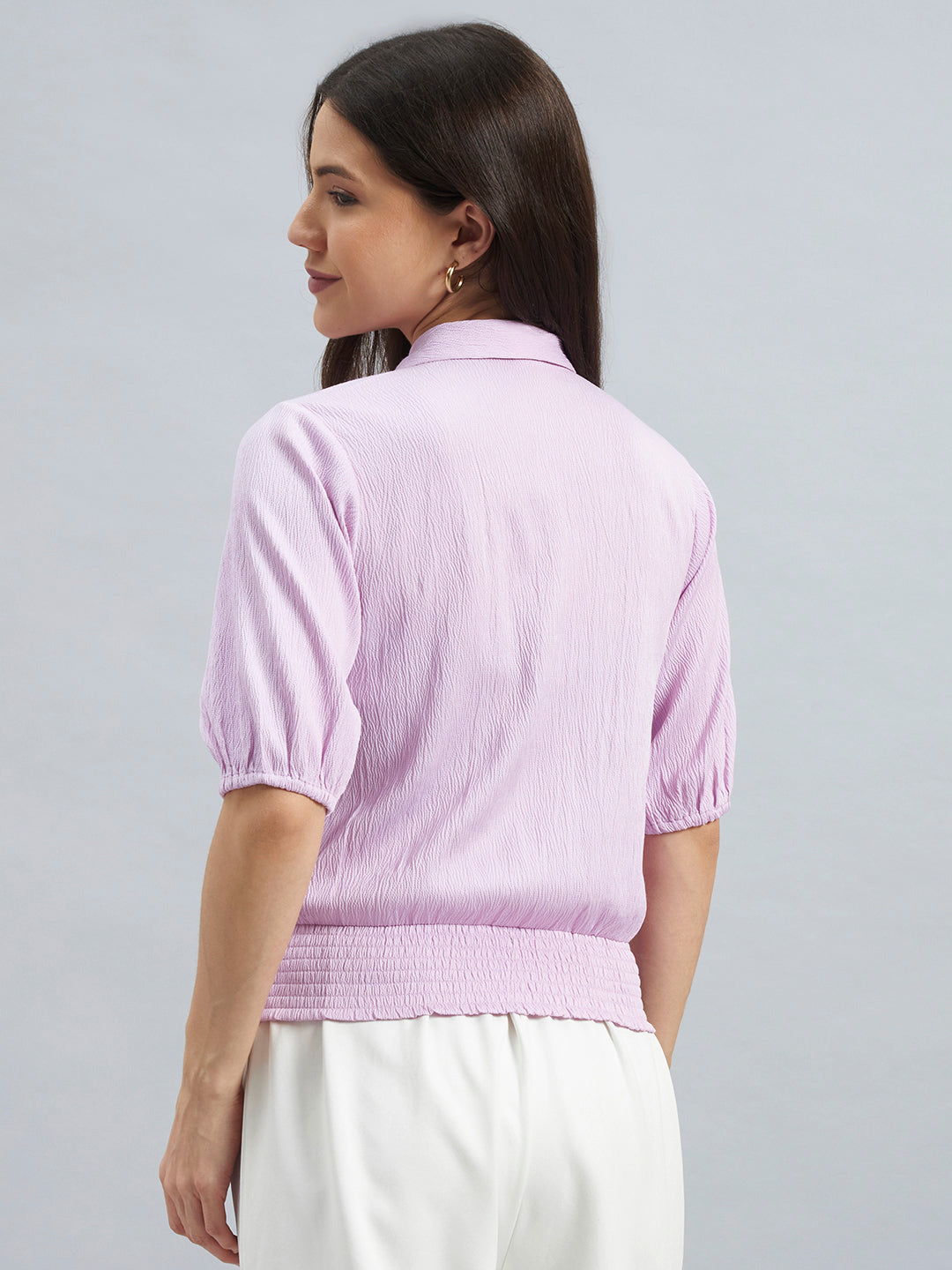 Purple Poly Lycra Collared Puff Sleeve Smocked Top