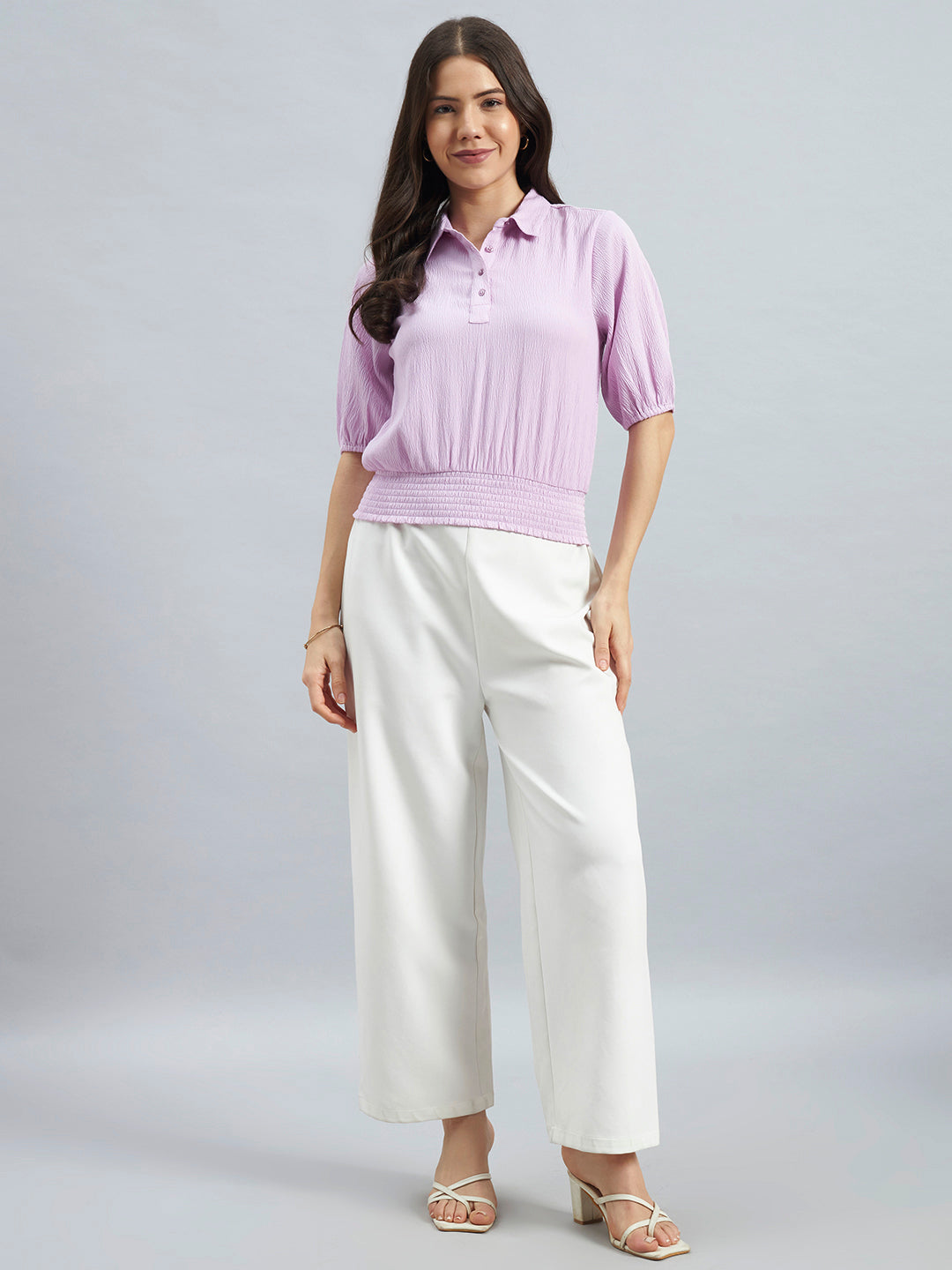 Purple Poly Lycra Collared Puff Sleeve Smocked Top