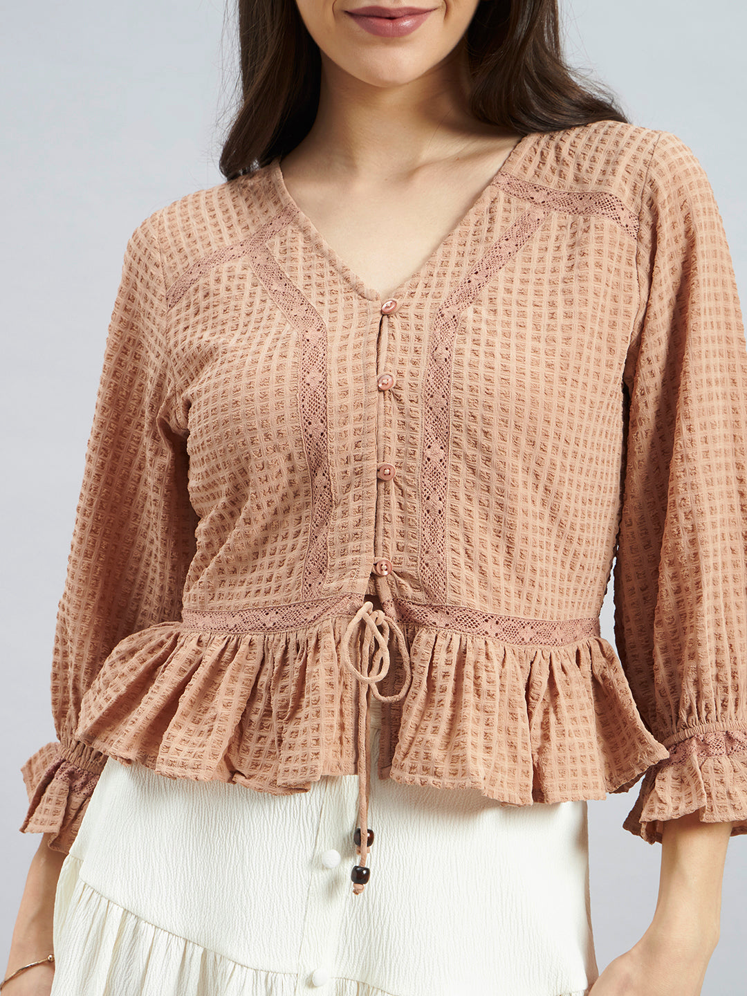 Beige Textured Poly Crepe Peplum Top