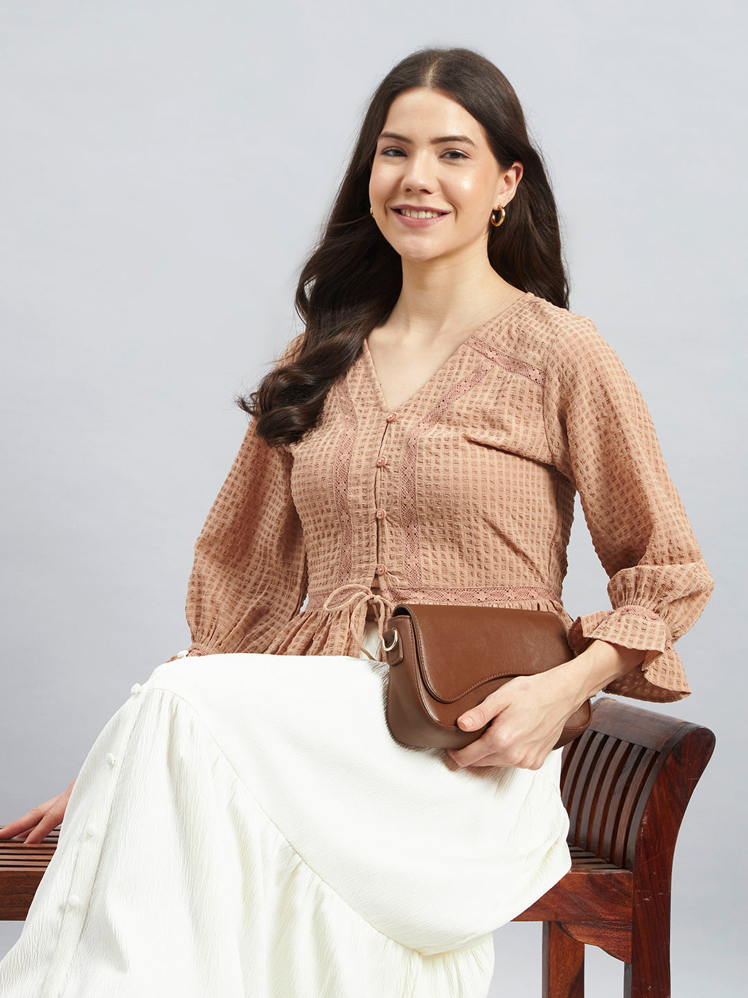 Beige Textured Poly Crepe Peplum Top