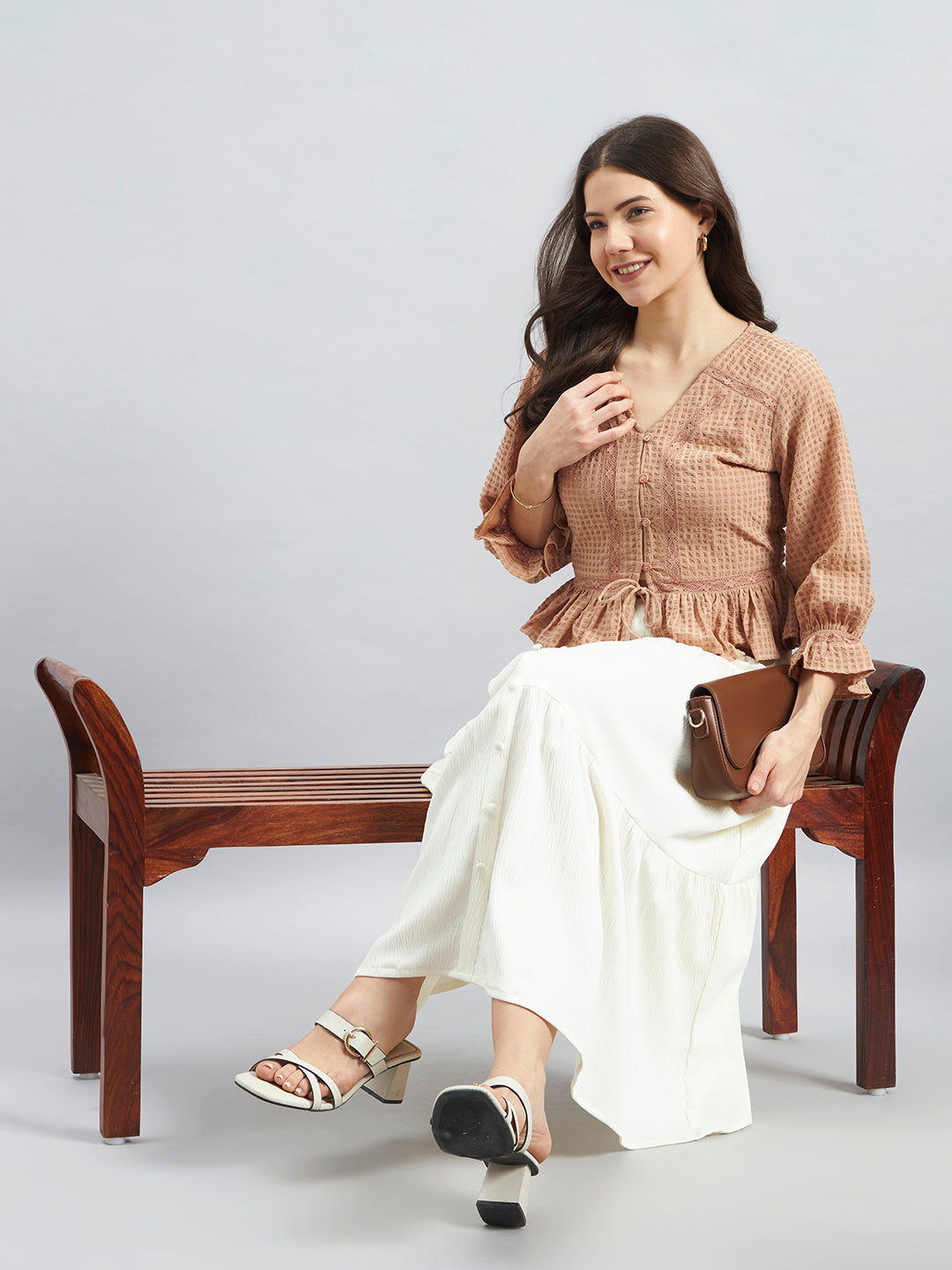 Beige Textured Poly Crepe Peplum Top